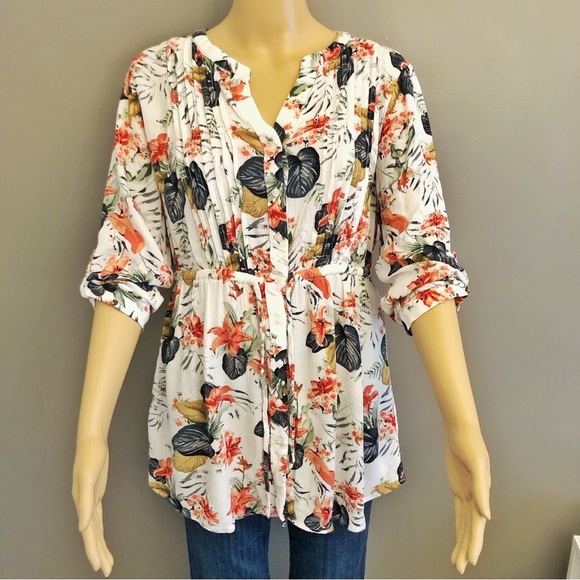 Hilary Radley Floral Tropical Pattern Boho Festival Button Down Shirt Blouse. - Picture 15 of 16